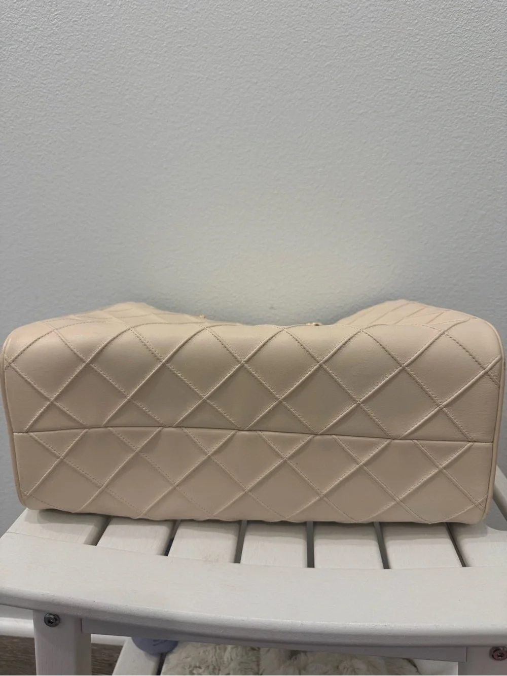Tory Burch Quilted Logo Tote in Light Beige with Gold Chain Straps